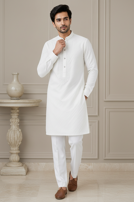 White Self-Textured Embroidered Kurta for Men
