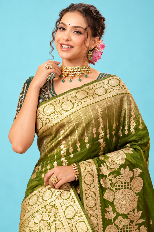 Royal Olive Green Designer Saree with Golden Zari Floral Border & Rich Traditional Pallu