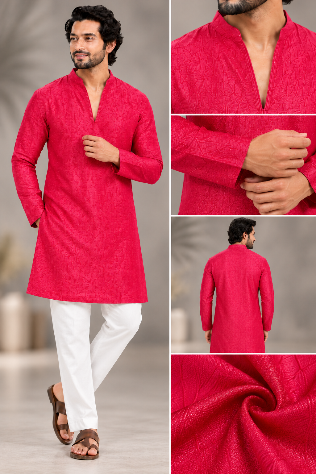 Men's Premium Rani Pink Self-Design Kurta