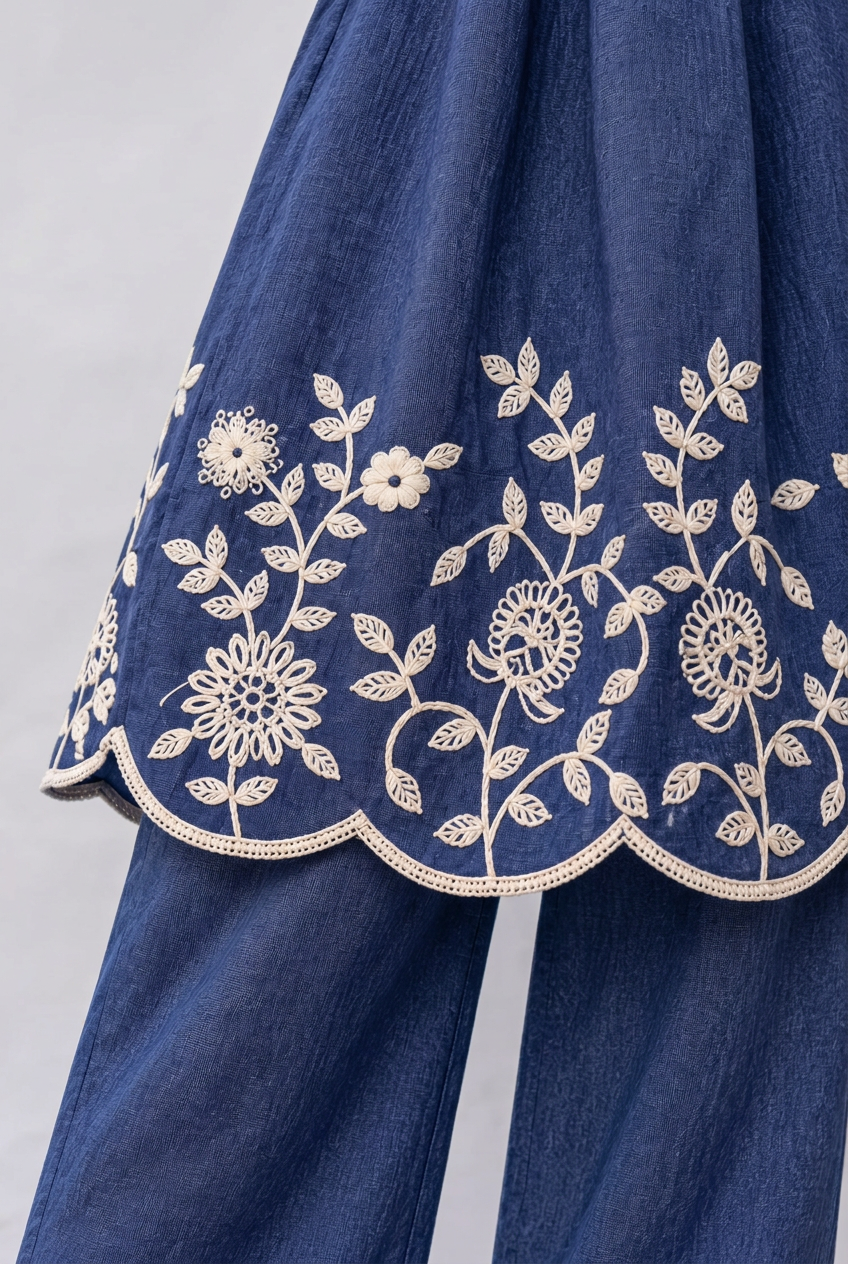 Denim Blue Floral Embroidered Co-ord Set