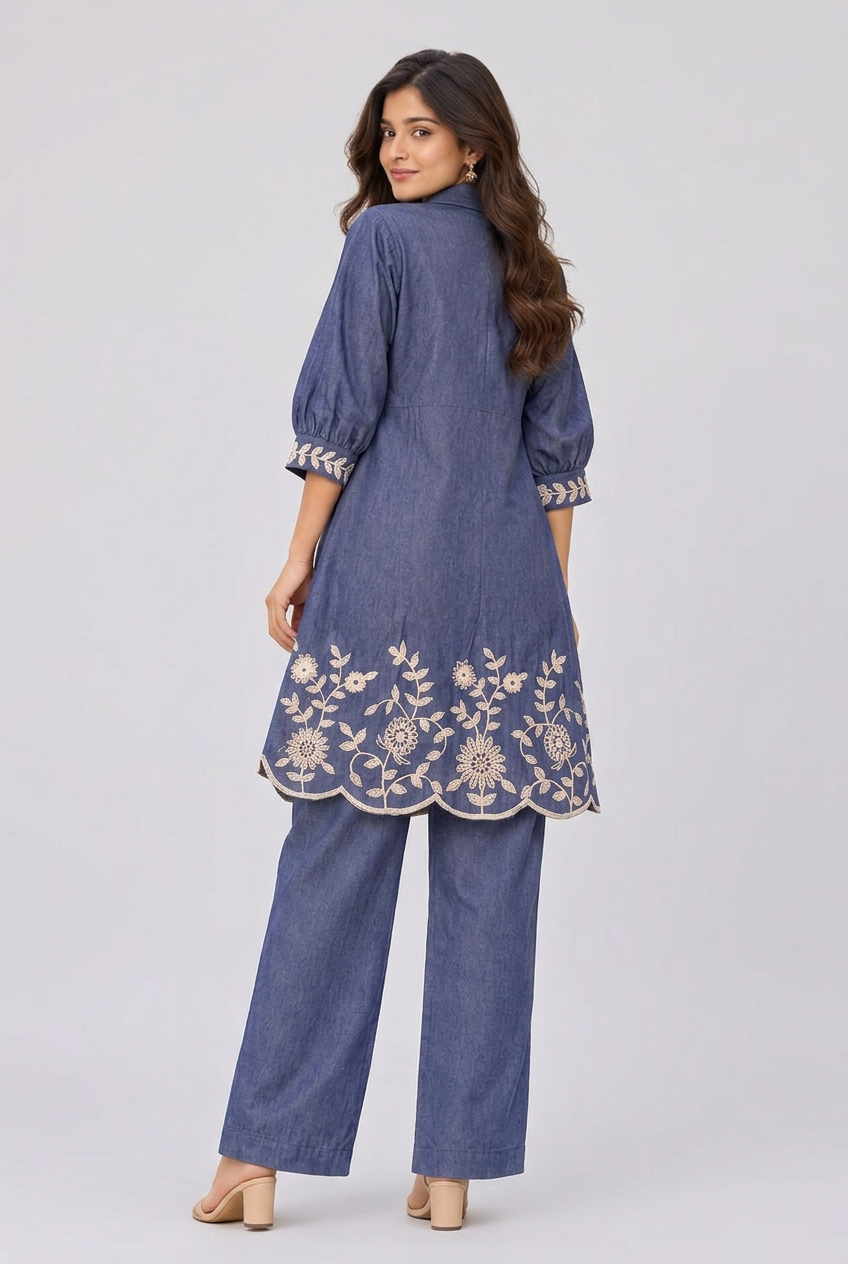 Denim Blue Floral Embroidered Co-ord Set