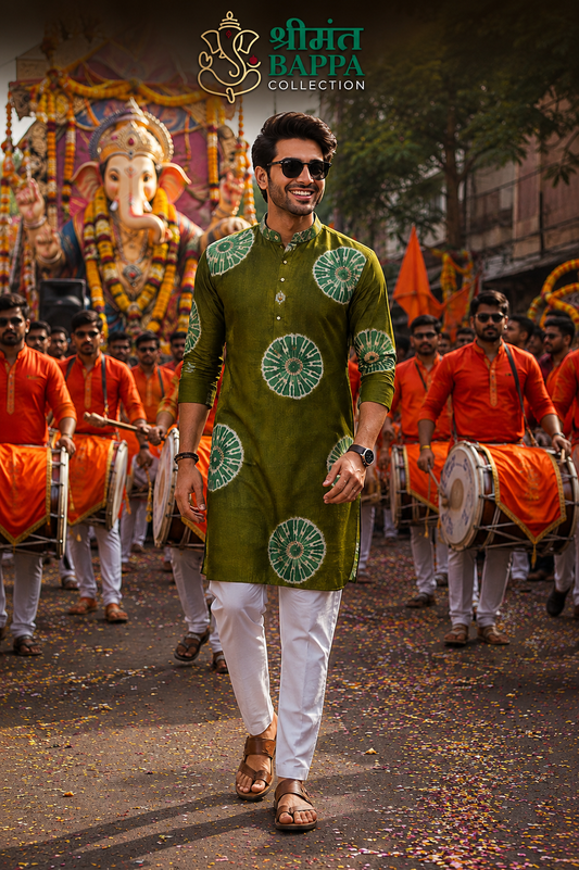 Olive Green Circular Motif Festive Kurta Set