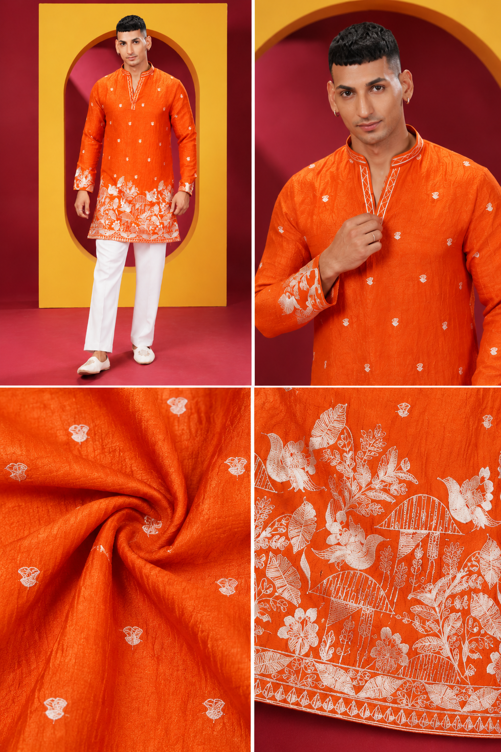Men's Premium Bright Orange Printed Kurta with White Pant Set