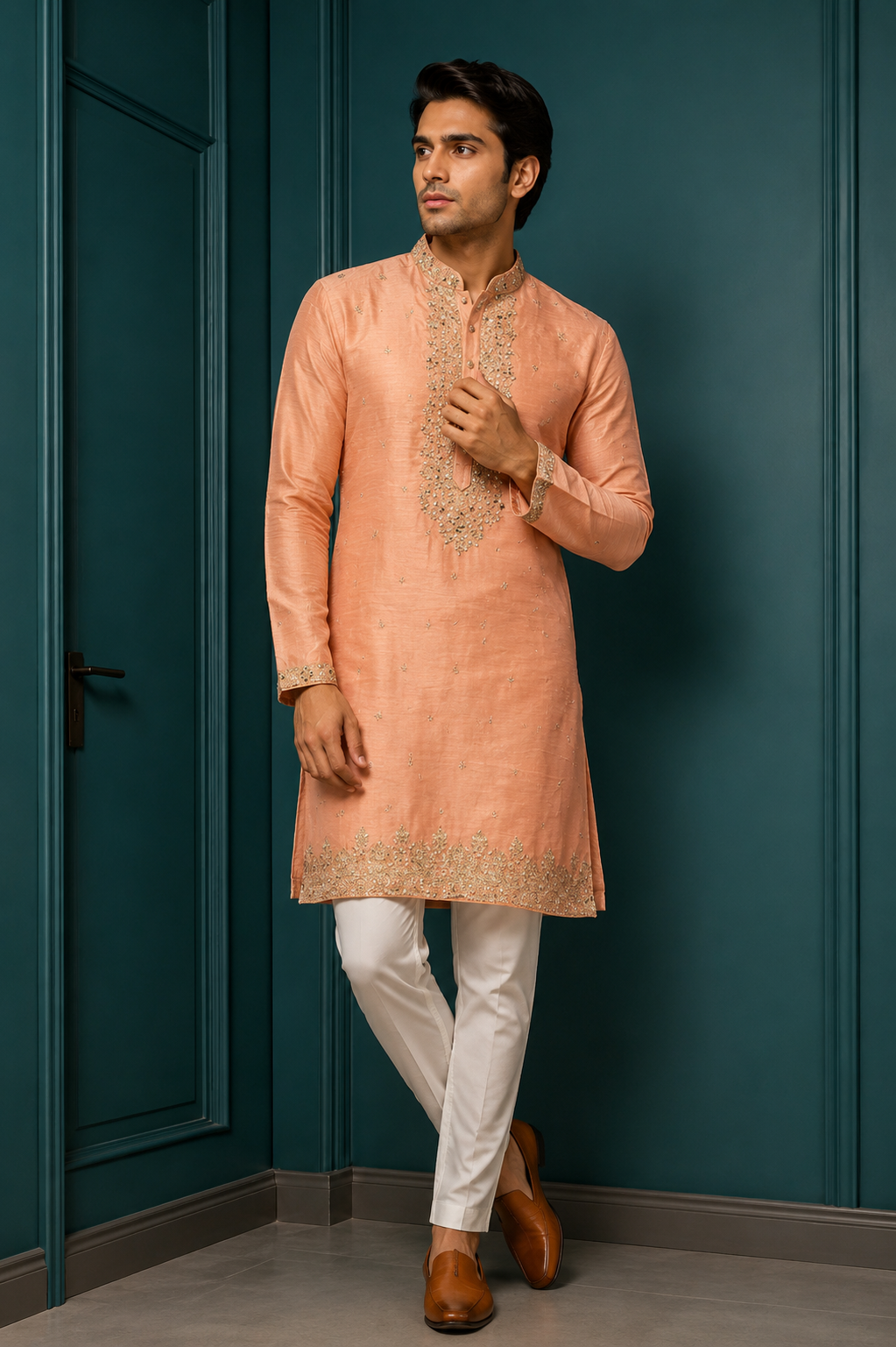 Peach Embroidered Silk Kurta Set with Mirror Work for Men