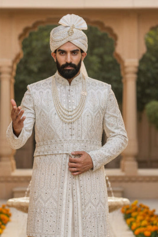 Silk Jacquard Patterned Royal Wedding Ensemble Sherwani