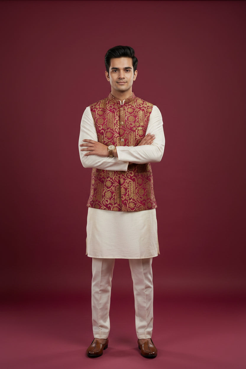 Maroon Brocade Nehru Jacket