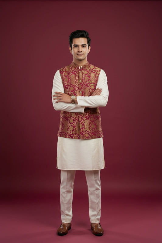 Maroon Brocade Nehru Jacket