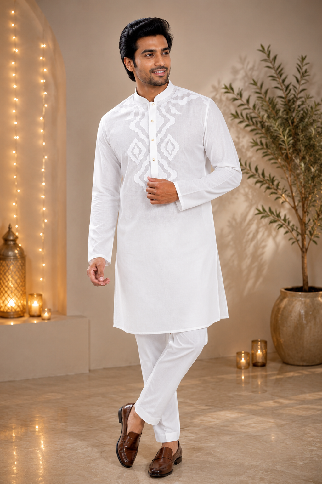 White Geometric Embroidered Kurta Pajama for Men