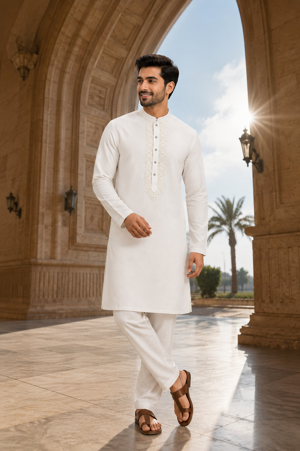 Ivory Embroidered Kurta Pajama for Men