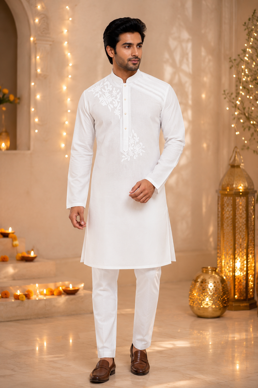 White Floral Embroidered Kurta Pajama for Men