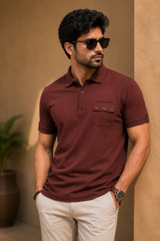 Men's Premium Maroon Polo T-Shirt | Textured  Polo with Flap Pocket