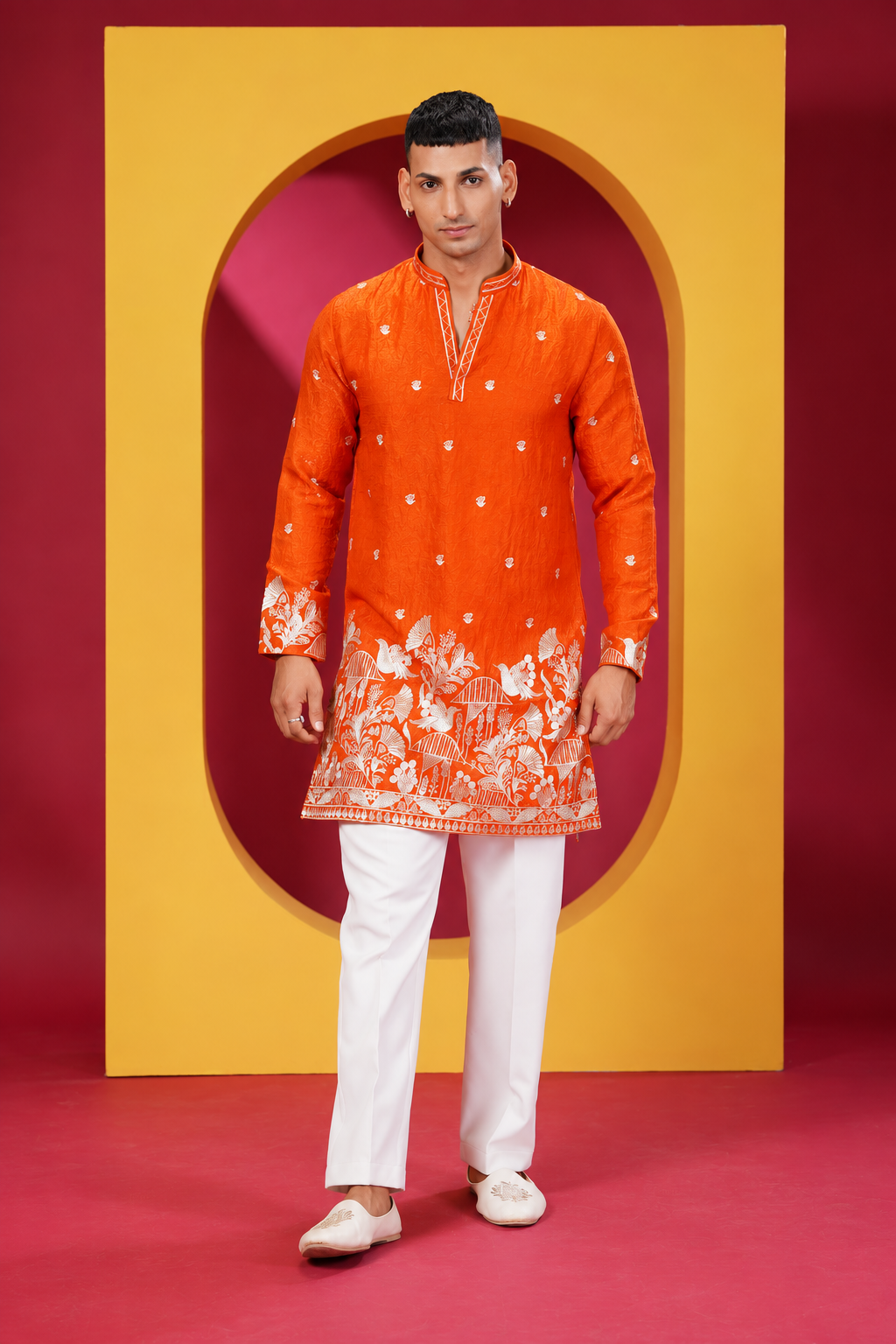 Men's Premium Bright Orange Printed Kurta with White Pant Set
