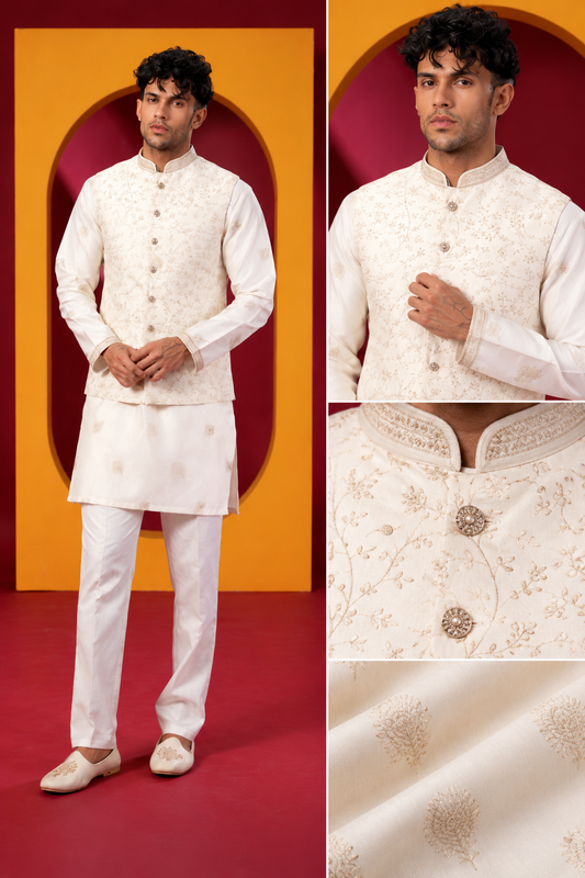 Men's Premium Ivory Embroidered Nehru Jacket Kurta Set