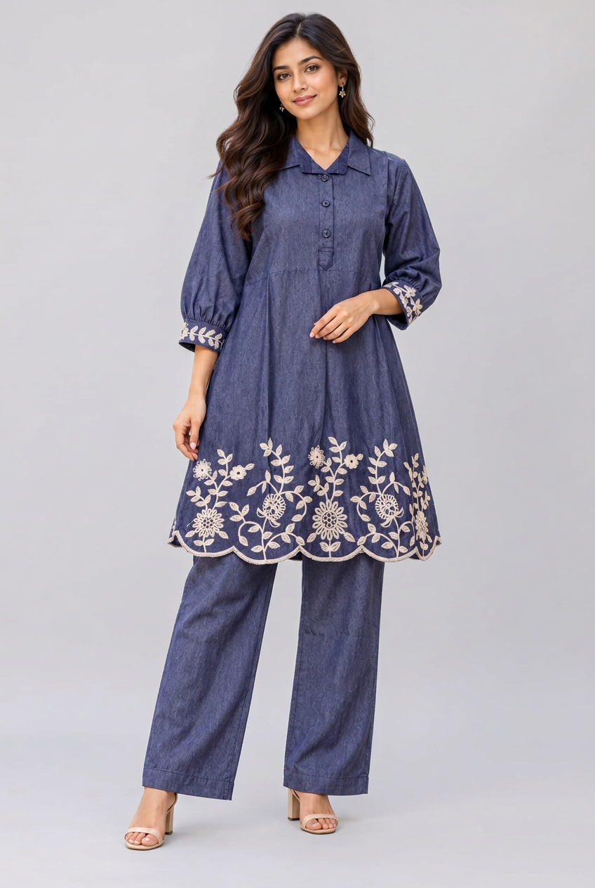 Denim Blue Floral Embroidered Co-ord Set