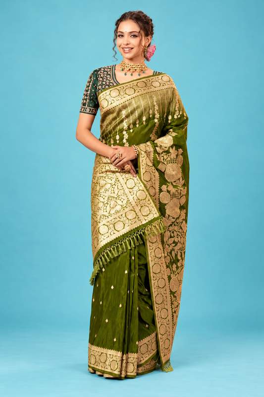 Royal Olive Green Designer Saree with Golden Zari Floral Border & Rich Traditional Pallu