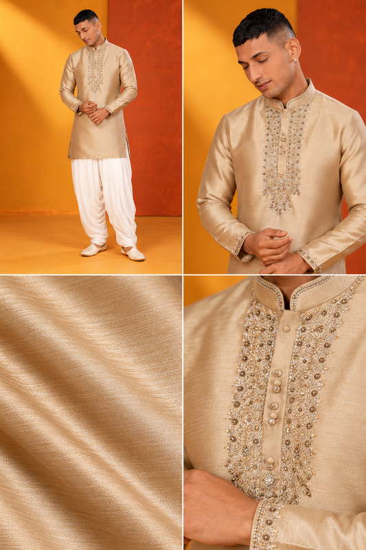 Golden Beige Embroidered Kurta Set