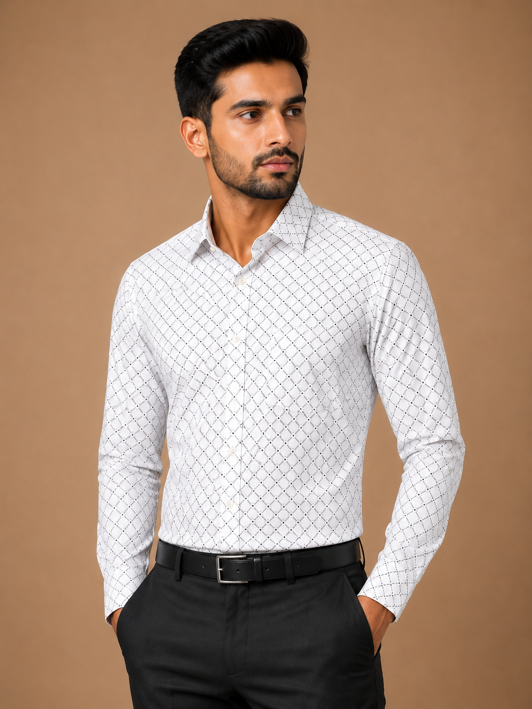 Men White Diamond Printed Formal Shirt
