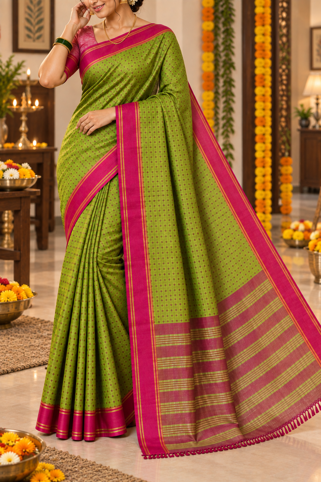 Green Saree with Rani Pink Border & Striped Pallu