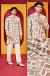 Men's Premium Ivory Cream Multicolour Ethnic Printed Kurta with White Pant Set