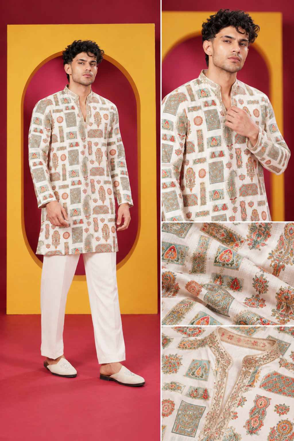 Men's Premium Ivory Cream Multicolour Ethnic Printed Kurta with White Pant Set