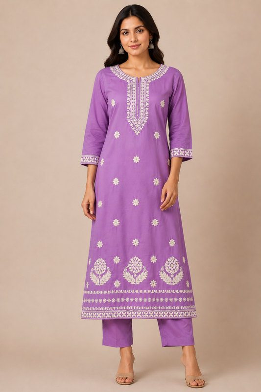 Women’s Lavender Embroidered Kurta Pant Set