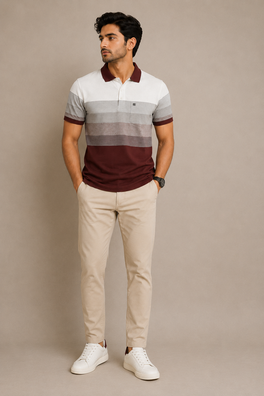 Men’s Maroon & Grey Striped Polo T-Shirt