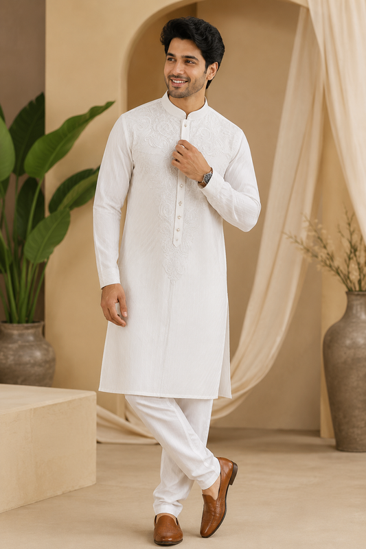Premium White Embroidered Kurta Pajama for Men