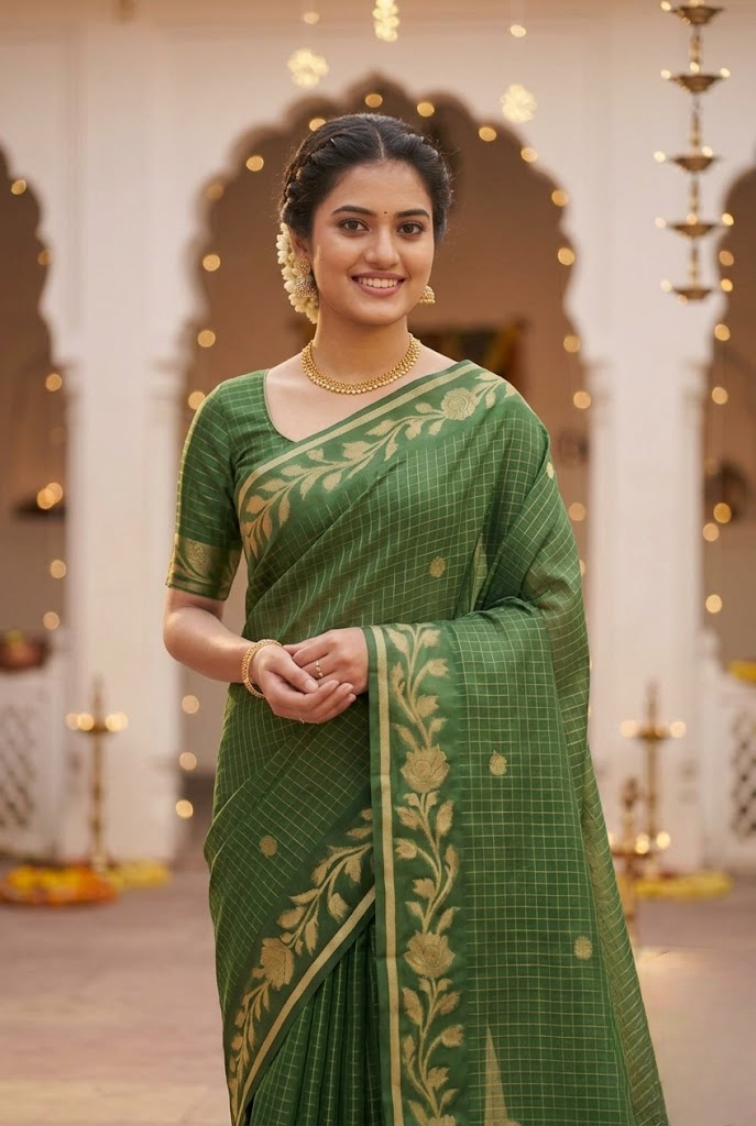 Green Checked Silk Saree with Floral Zari Border