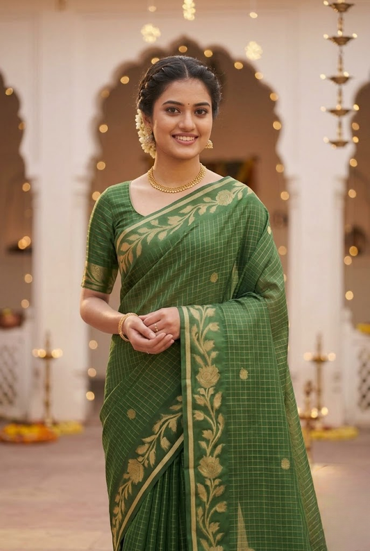 Green Checked Silk Saree with Floral Zari Border