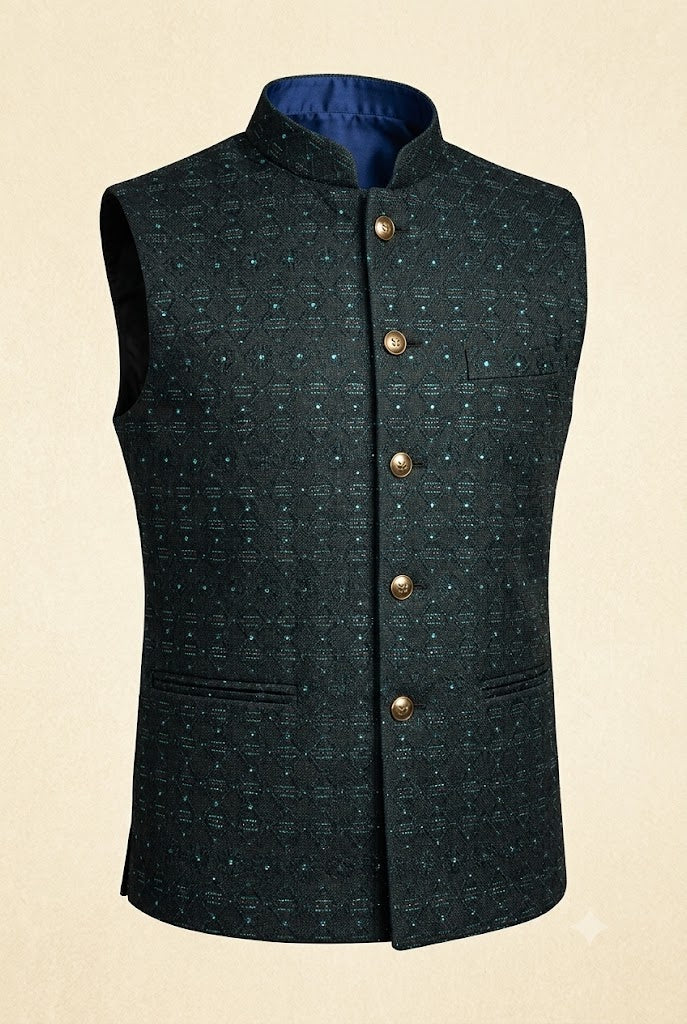 Bottle Green Textured Nehru Jacket