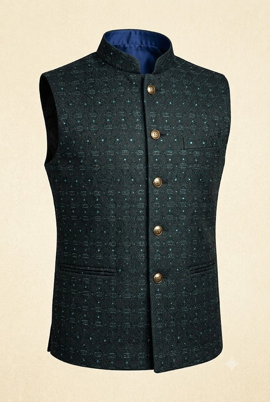 Bottle Green Textured Nehru Jacket