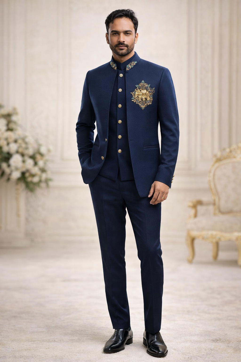 Men’s Navy Blue Embroidered Bandhgala Suit