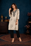 Women's Beige Floral Printed Straight Kurti with Black Embroidered Yoke