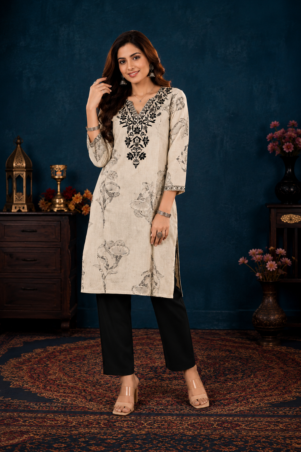 Women's Beige Floral Printed Straight Kurti with Black Embroidered Yoke