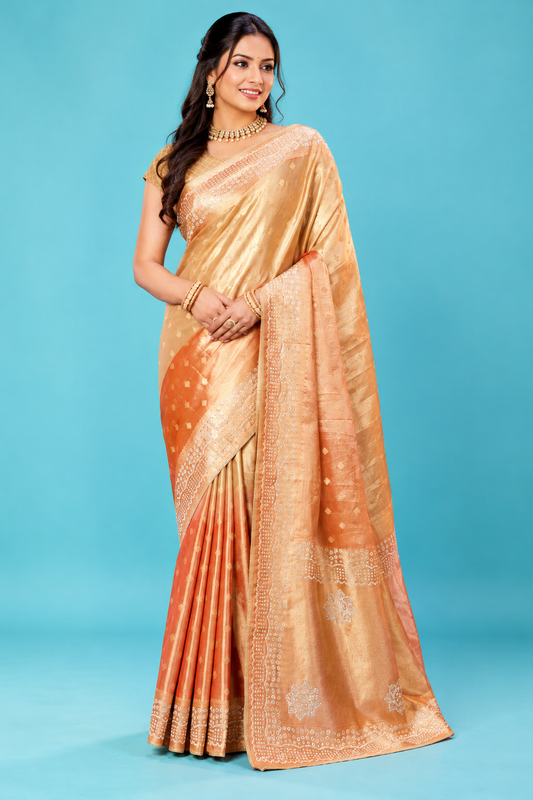 Elegant Golden Peach Designer Saree with Delicate Zari Woven Motifs & Rich Traditional Pallu