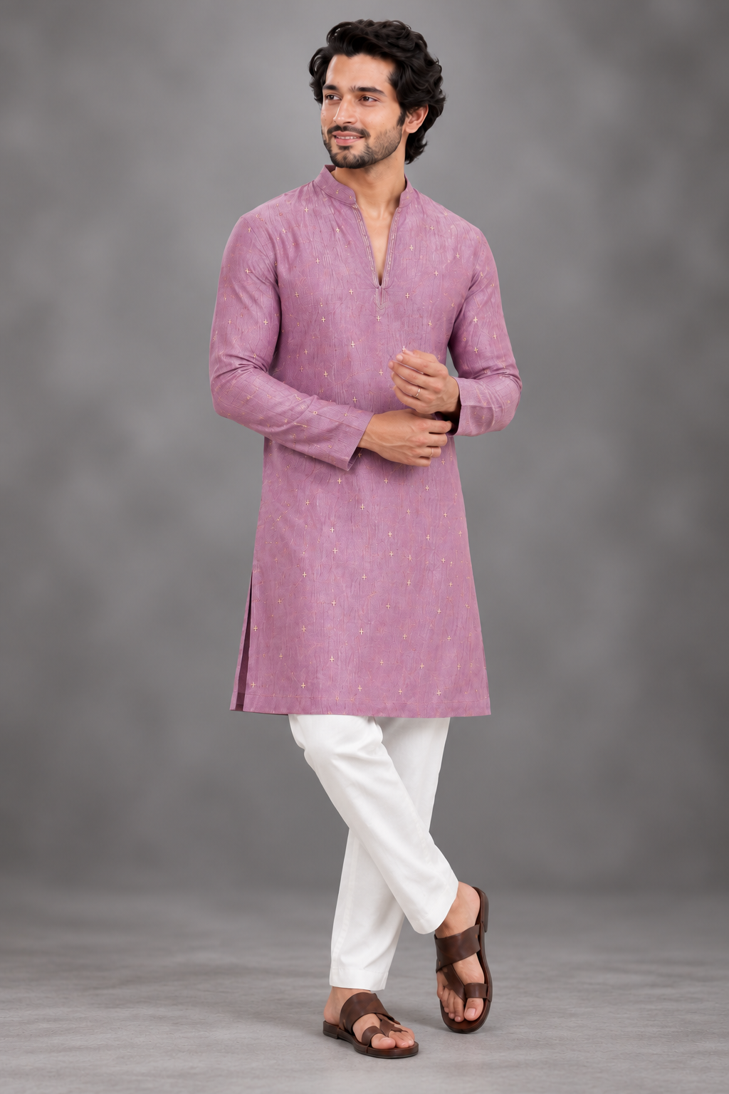 Elegant Lavender Pink Kurta with Subtle Gold Motifs for Men