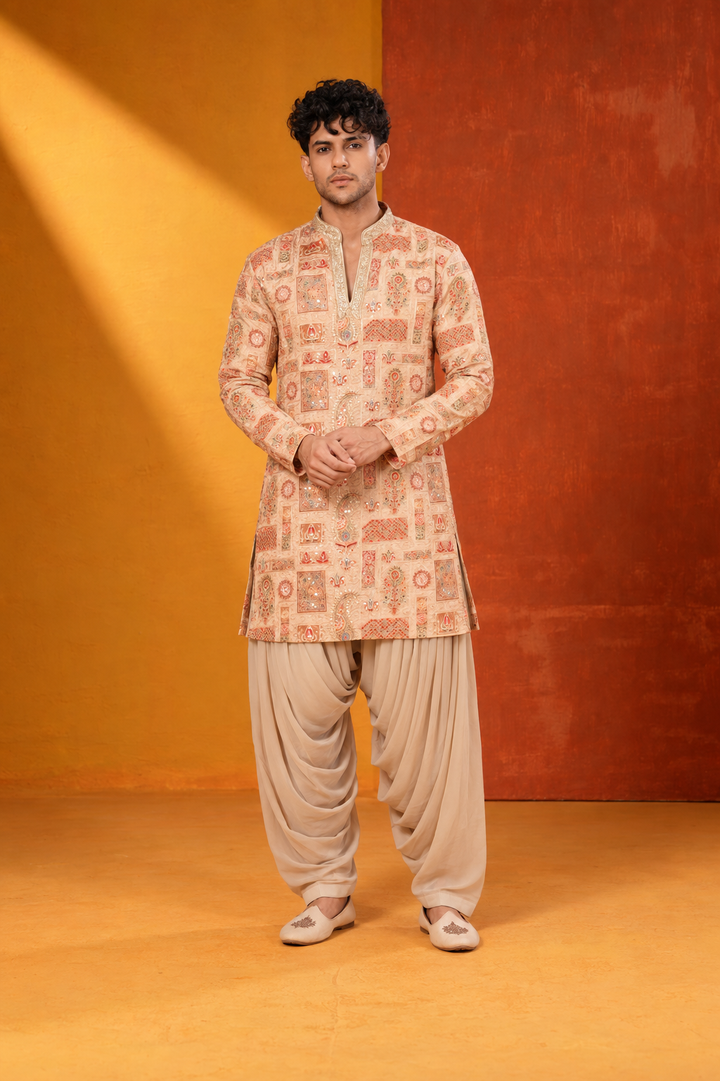 Peach Embroidered Indo-Western Kurta Set