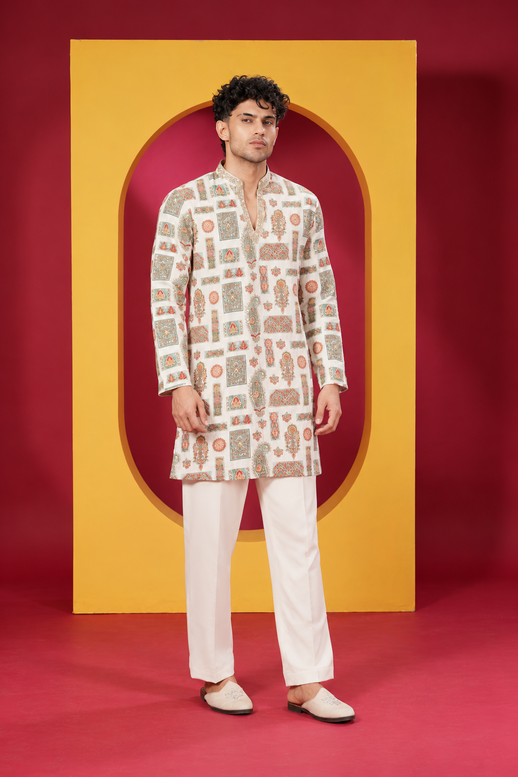 Men's Premium Ivory Cream Multicolour Ethnic Printed Kurta with White Pant Set