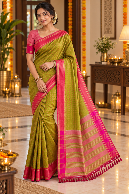 Olive Green & Rani Pink Festive Saree