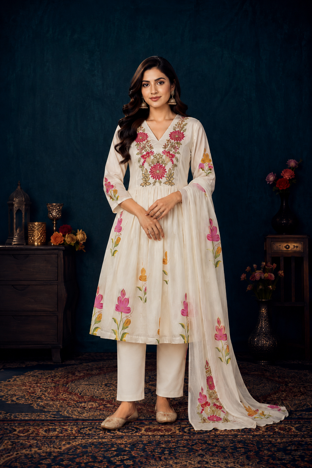 Elegant Ivory Floral Embroidered Kurta Pant & Dupatta Set