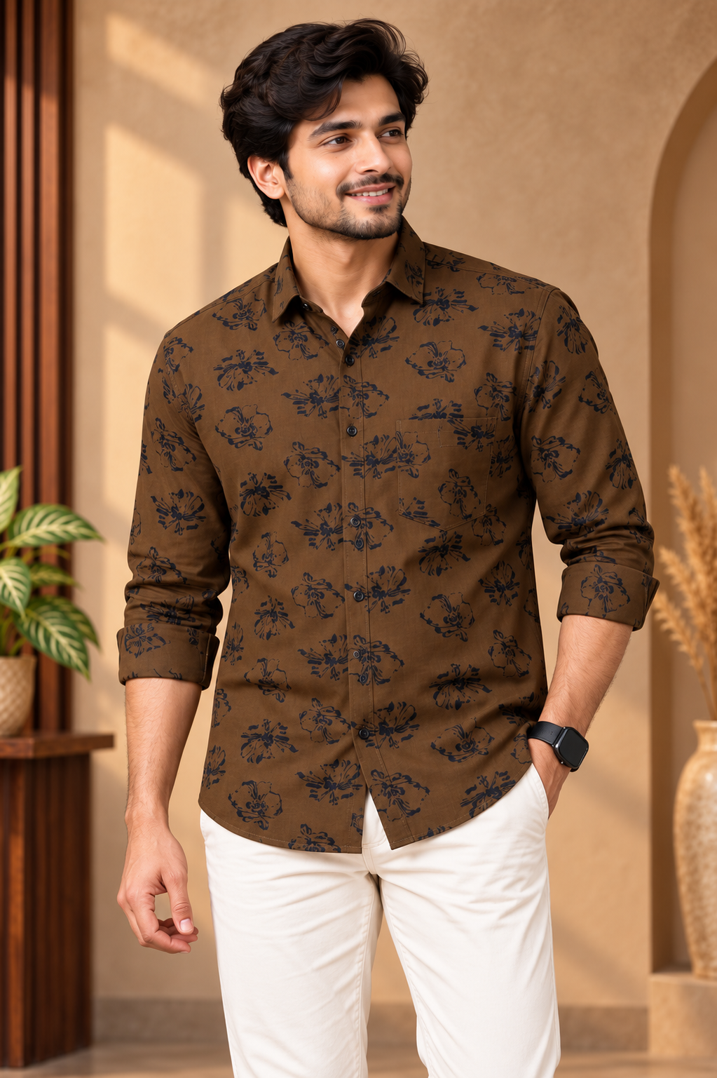 Brown Floral Print Casual Shirt