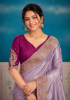 Lavender Designer Saree with Embroidered Floral Zari Border