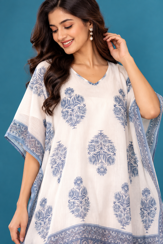 Elegant Ivory & Blue Floral Kaftan Dress