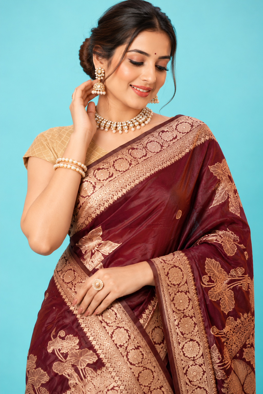 Royal Wine Maroon Designer Saree with Golden Floral Zari Work & Rich Traditional Pallu