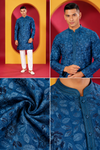 Men's Premium Royal Teal Blue Floral Printed Kurta with White Pant Set