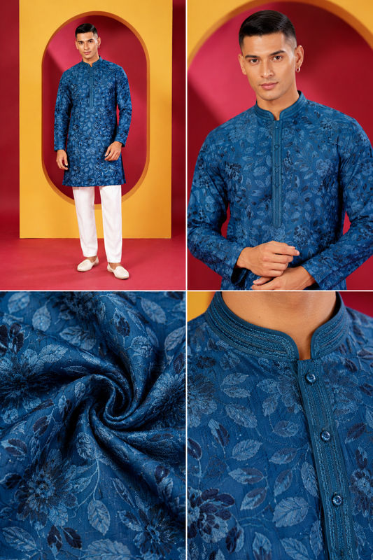 Men's Premium Royal Teal Blue Floral Printed Kurta with White Pant Set