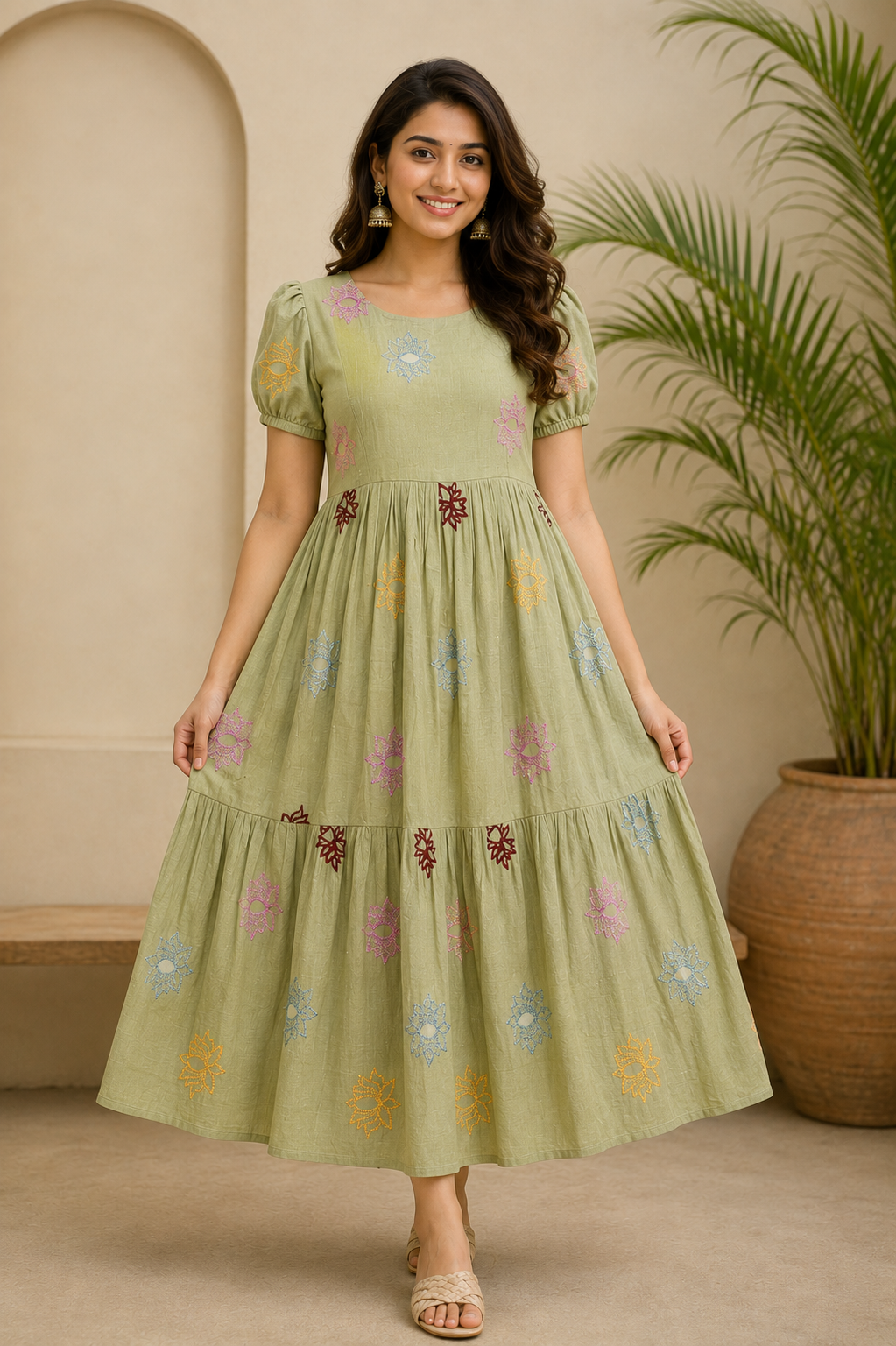 Women’s Embroidered Tiered Maxi Dress with Puff Sleeves