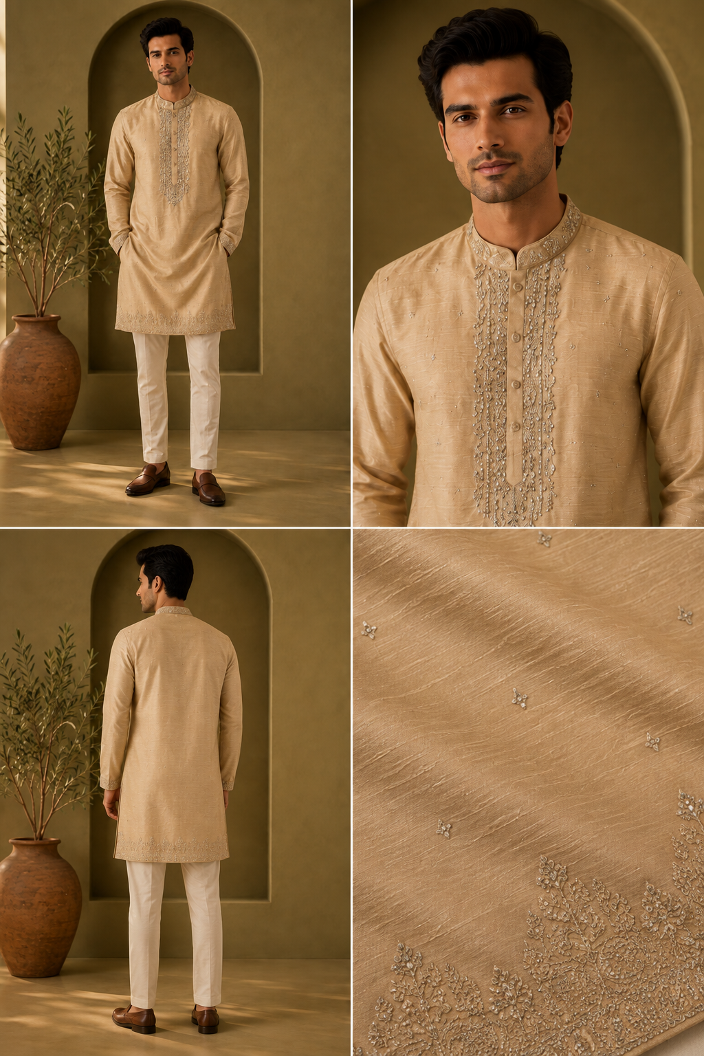 Champagne Gold Embroidered Festive Kurta Set for Men