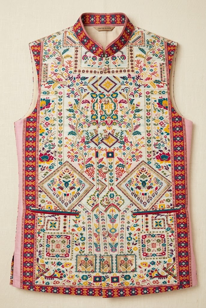Ivory Multicolour Heritage Printed Nehru Jacket