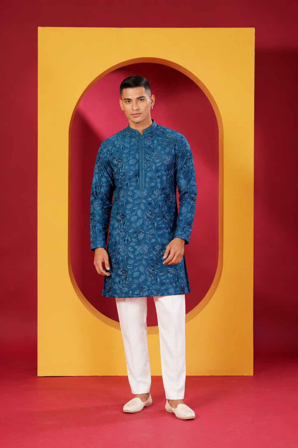 Men's Premium Royal Teal Blue Floral Printed Kurta with White Pant Set